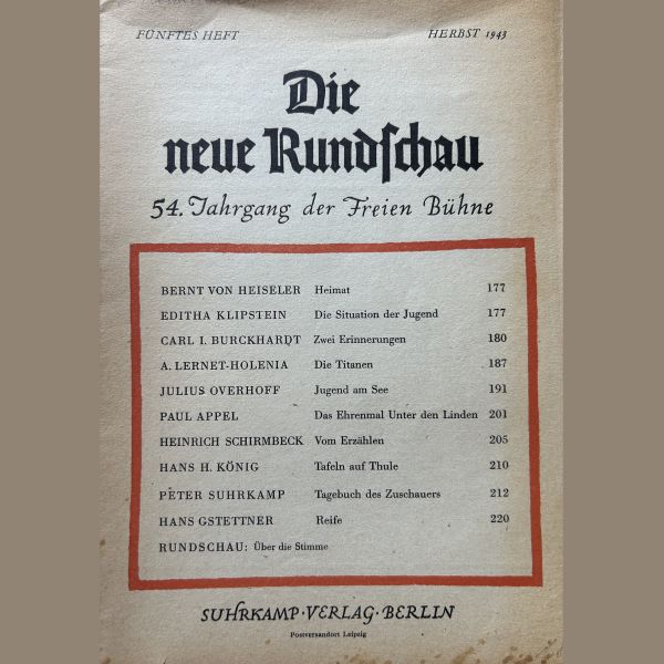 Die neue Rundschau 54. Jahrgang der freien Bühne. Heft 5 - Suhrkamp 1943